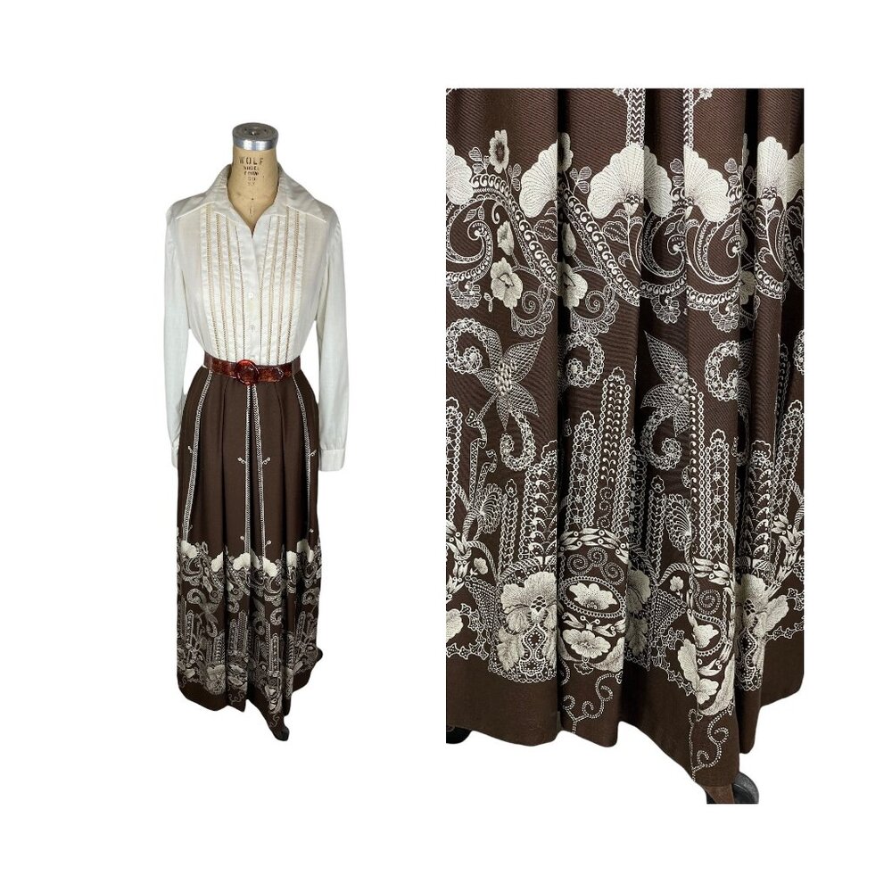 1970s maxi hostess shirt dress painted skirt Size M/L by Rona